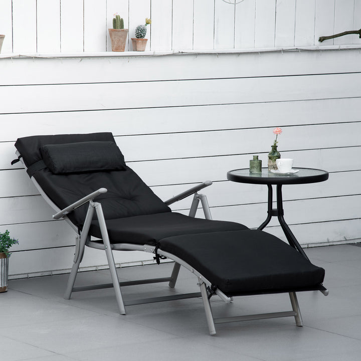 Foldbar solseng med nakkestøtte og sædehynde, liggestol med 7-vejs justerbar ryglæn, haveliggestol, afslapningsliggestol, lasteevne op til 165 kg, til haveferie, udendørs, sort