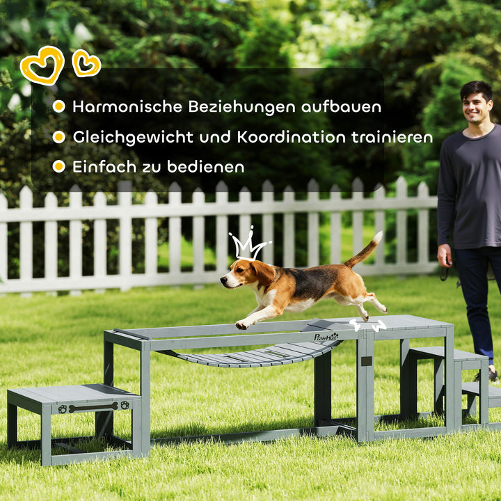 Agilitysæt til hunde, 3-delt agilityudstyr med bro, trappe, platform, fyrretræ, 117 x 50 x 56 cm, grå