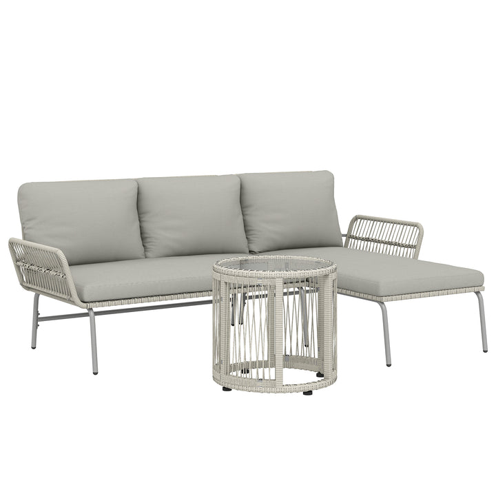 Polyrattan havemøbelsæt, 3 dele, med liggestol, to-personers sofa, sofabord, aftagelige hynder, lysegrå
