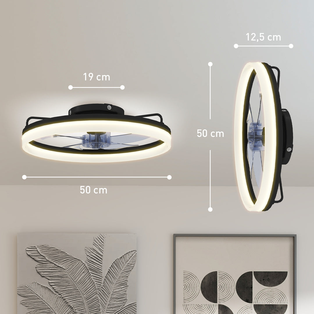 Loftventilator med lys og fjernbetjening, 50 cm LED-loftventilator med 3 farver, 6 hastigheder, timer, dæmpbar