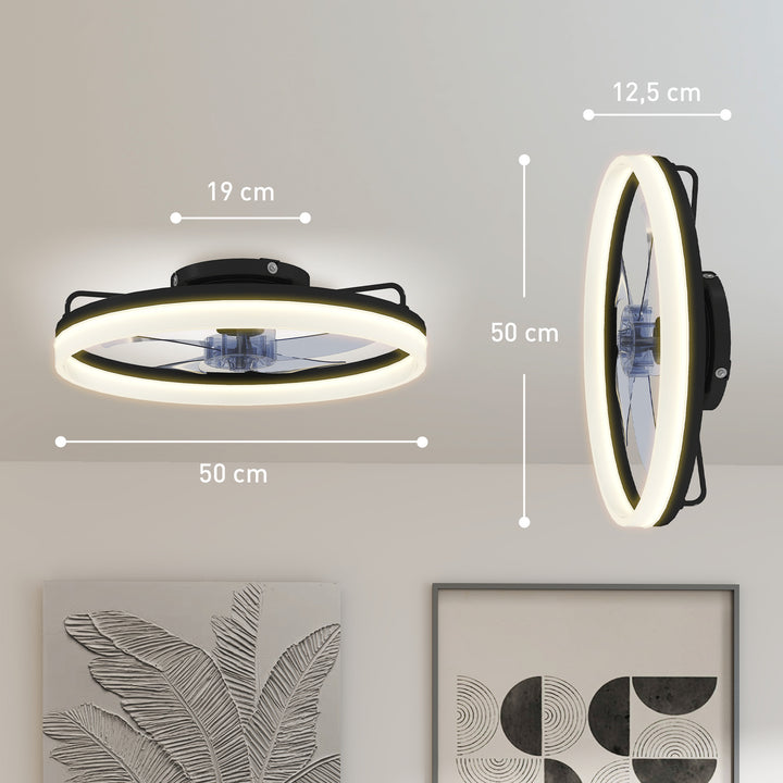 Loftventilator med lys og fjernbetjening, 50 cm LED-loftventilator med 3 farver, 6 hastigheder, timer, dæmpbar