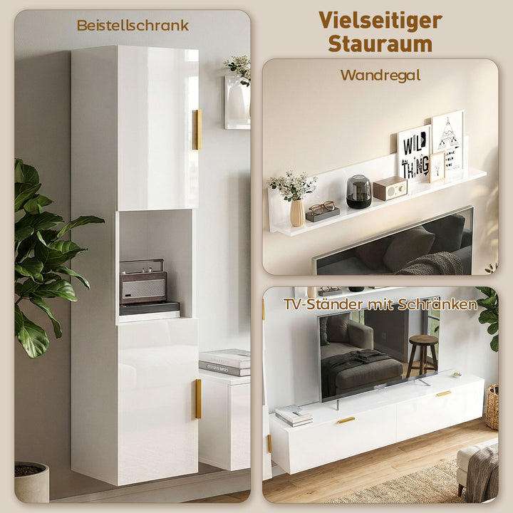 Svævende TV-bord med hængslede døre, underholdningscenter, væghylde, skab, 180 cm, hvid højglans