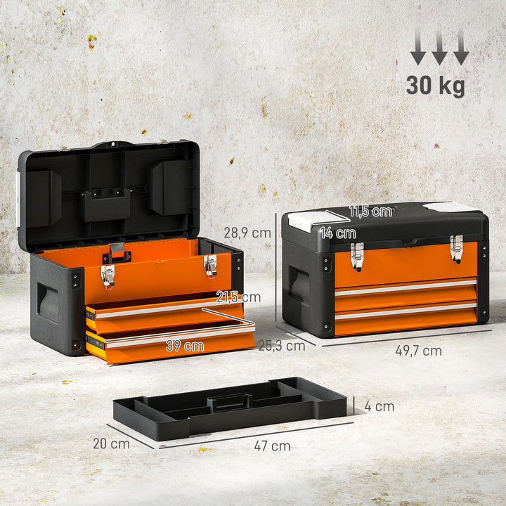 Tom værktøjskasse, 49,7 x 25,3 x 28,9 cm værktøjskasse med skuffe, minikasse stål orange