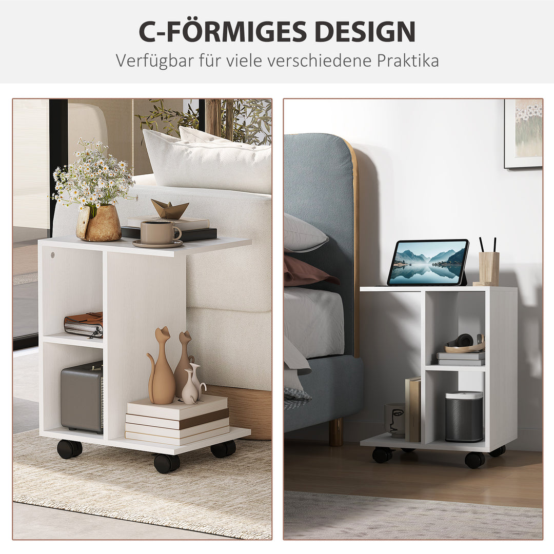 C-formet sidebord, sofabord, hjørneskrivebord, med hjul, e1 spånplade, 45 x 35 x 58 cm, hvid