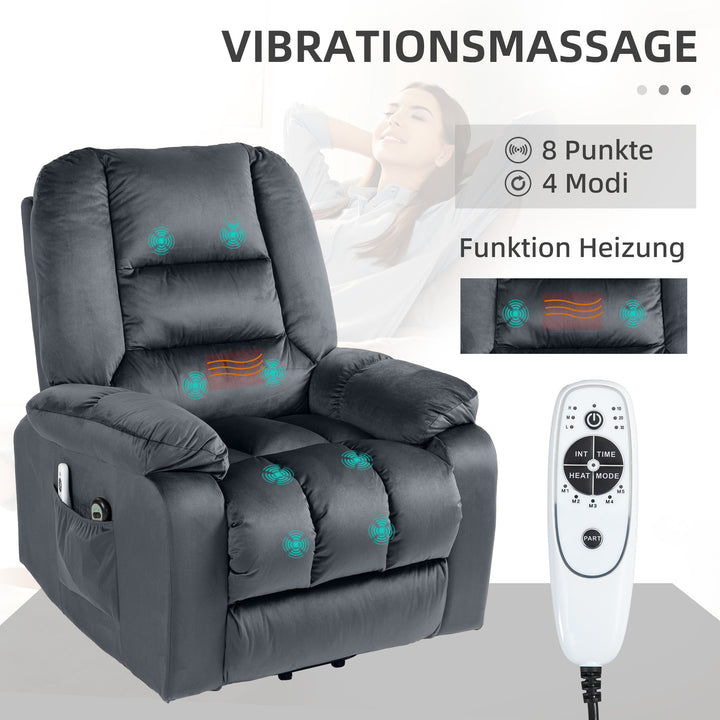 Massagestol stand-up aid seniorstol afslappende stol, 8 massagepunkter, 2 sidelommer, 85 cm x 94 cm x 107 cm, grå