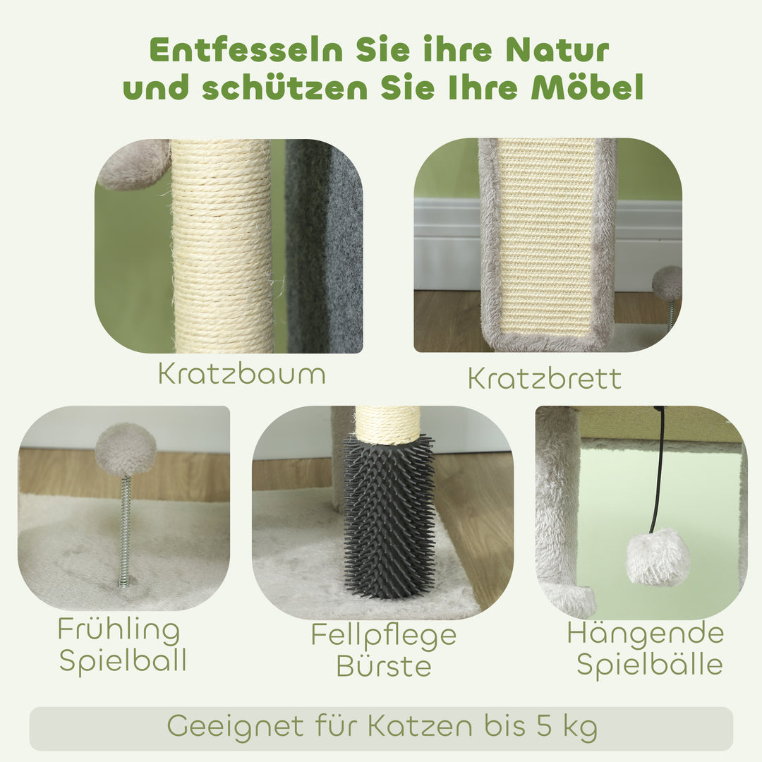 Kradsetræ 104 cm med kattehule, seng, sisal kradsetræer, kradsebræt, plysbolde til katte op til 5 kg, lysegrå