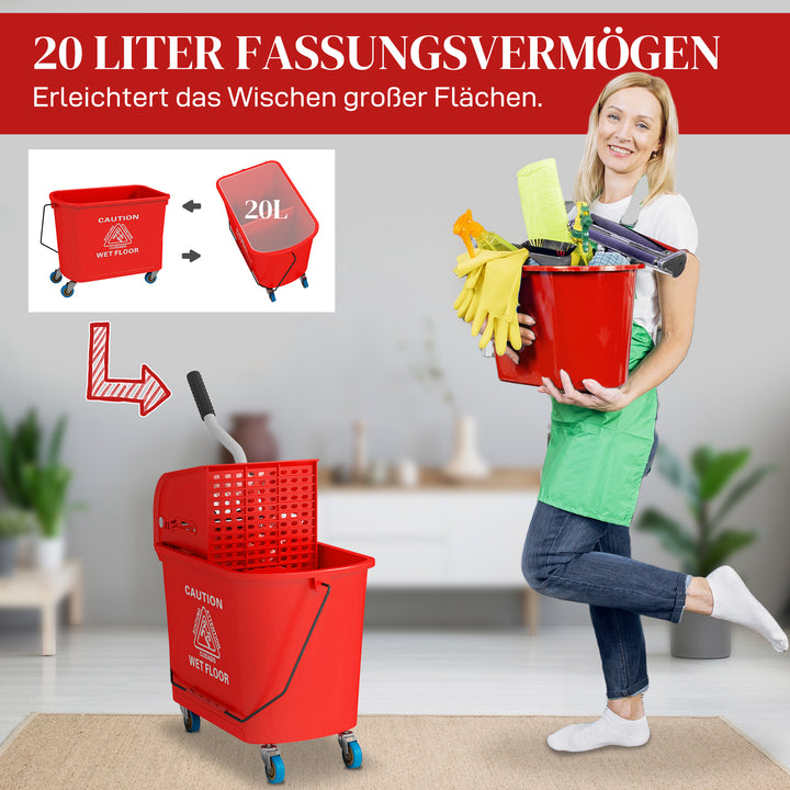 20L moppespand med vridemaskine og håndtag, moppespand på hjul, plastik, rød