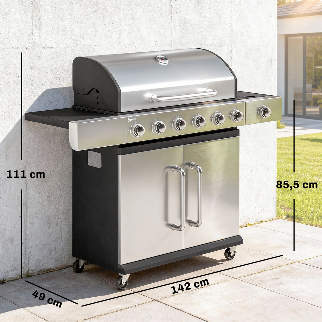 Gasgrill 18,6 KW 6+1 brænder BBQ grillvogn lavet af rustfrit stål inkl. hjul, termometer, varmerist, sidebord, underskab