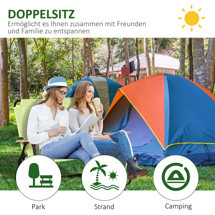 2-Personers foldbar campingstol med kopholder, 141 x 67 x 80 cm, grøn