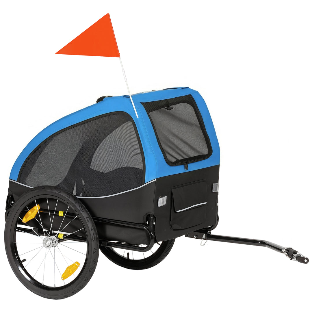 Sammenklappelig hundetrailer med reflekser, netvindue, hjul, dør, sikkerhedsflag til hunde op til 20 kg, 138x70x89 cm, blå