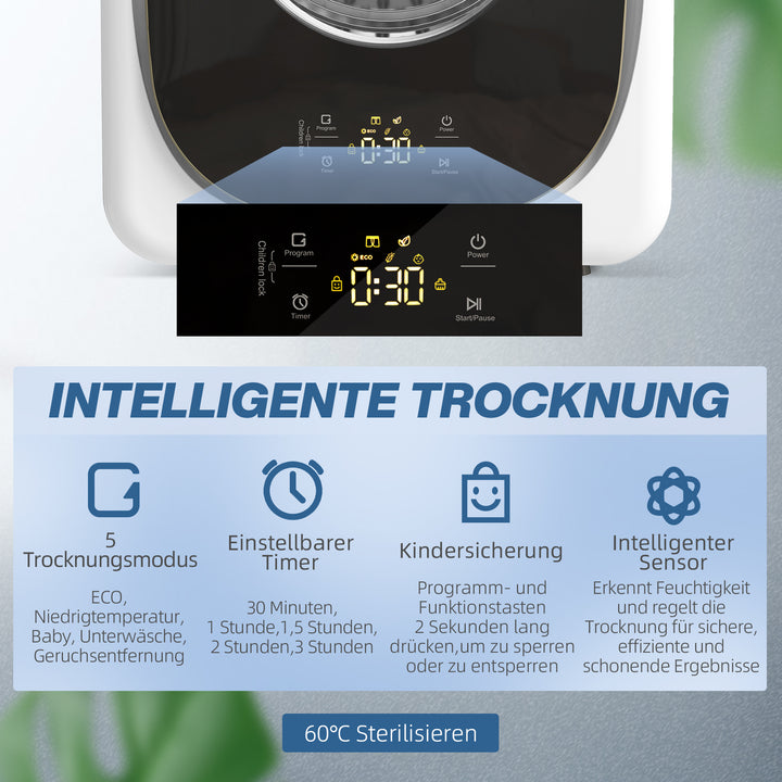 4 kg tørretumbler, kompakt design, 5 tilstande, timer, hvid+sort