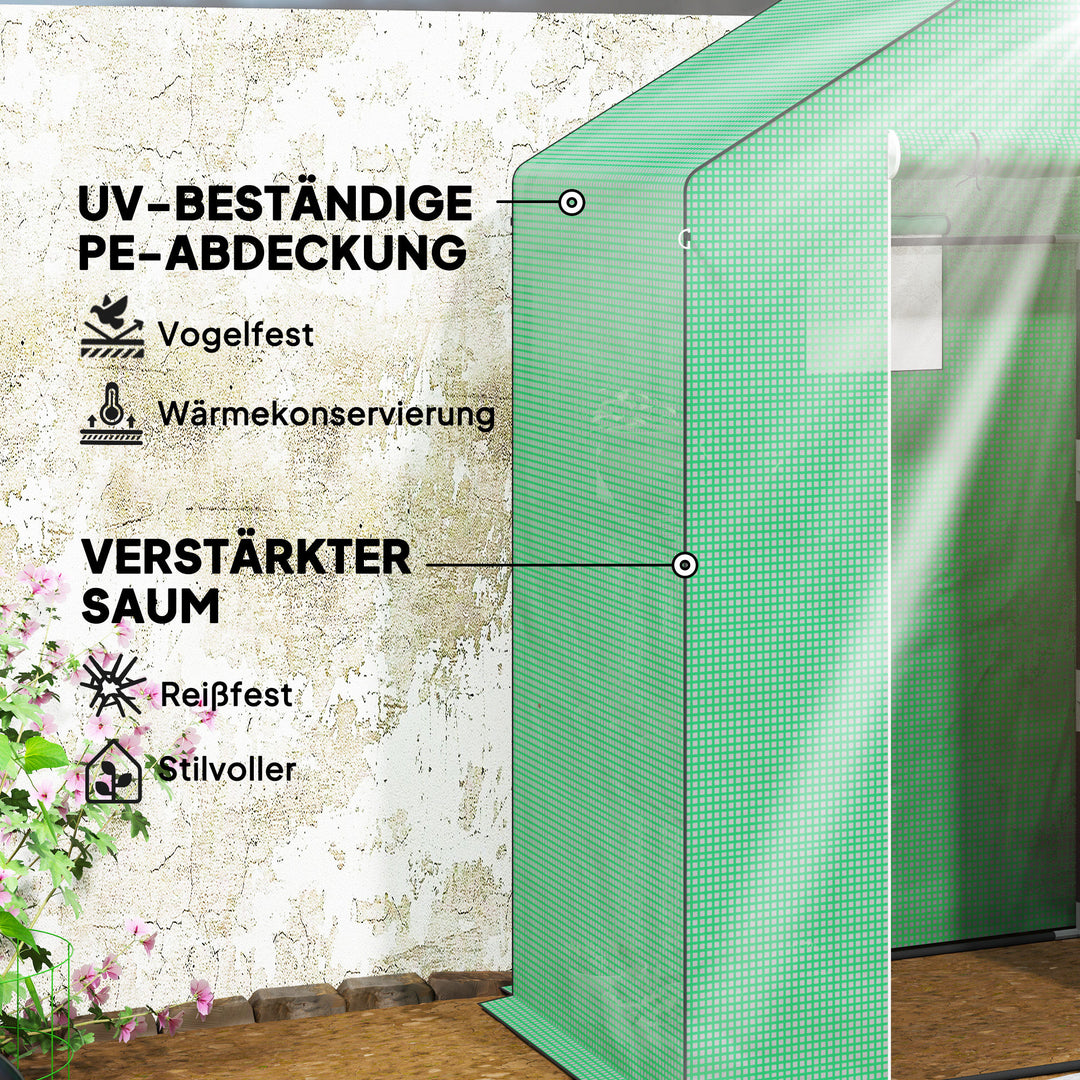 Drivhus med hylder, minidrivhus, uv-bestandigt, netvindue, lynlåsdør, 143l x 74b x 190h cm, grøn