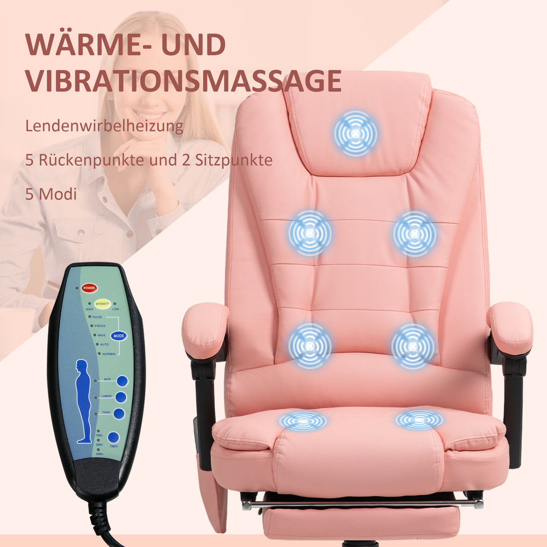 Massagekontorstol, 7 vibrationspunkter, justerbar fodstøtte og ryglæn, op til 120 kg, læderlook, pink