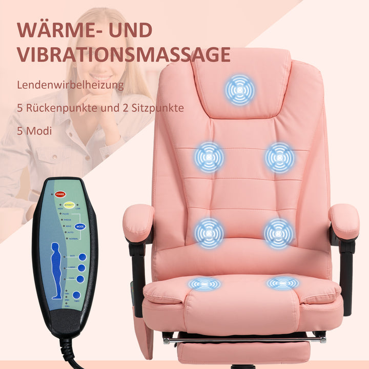 Massagekontorstol, 7 vibrationspunkter, justerbar fodstøtte og ryglæn, op til 120 kg, læderlook, pink