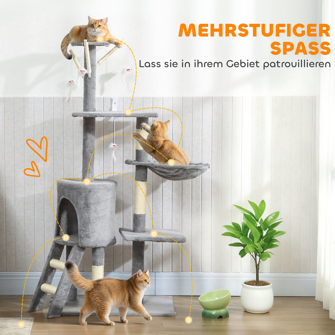 Kradsetræ med hule, 4 legetøj, sisalstolper, stor platform, trappe, til katte under 5 kg, grå