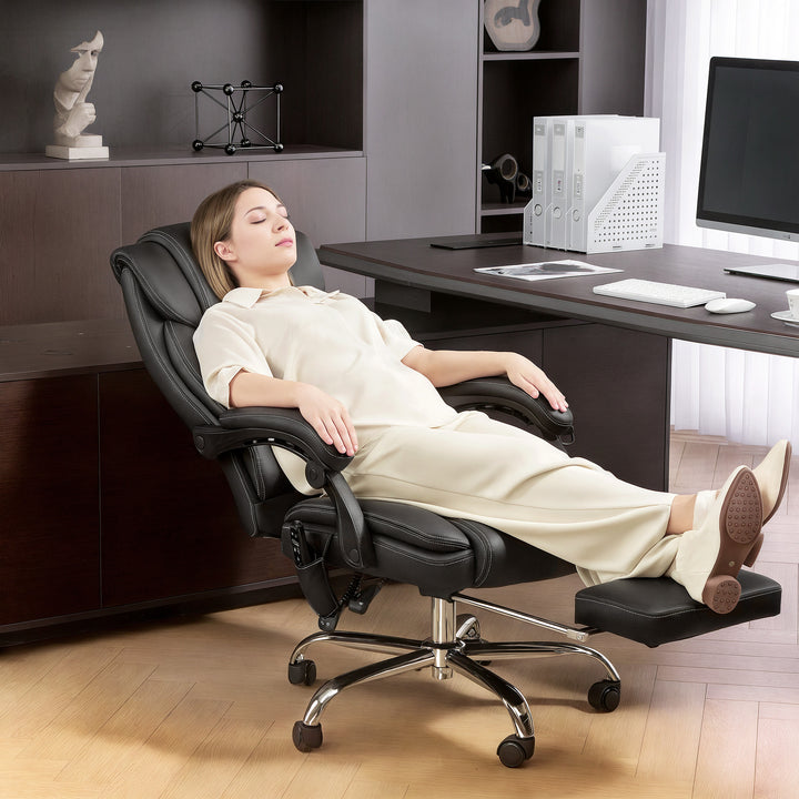 Ergonomisk kontorstol med massagefunktion, skrivebordsstol med fodstøtte, kunstlæder sort