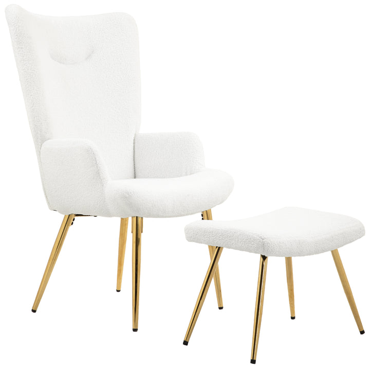 Wingback-stol med fodskammel, høj ryg, sherpabetræk, forgyldte metalben, op til 120 kg, hvid