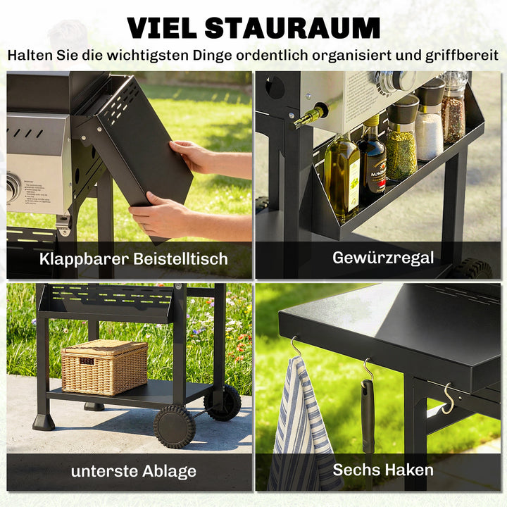 Gasgrill 9 KW 3 brændere BBQ grillvogn rustfrit stål inkl. foldbart sidebord krydderiholder nederste hylde 6 kroge