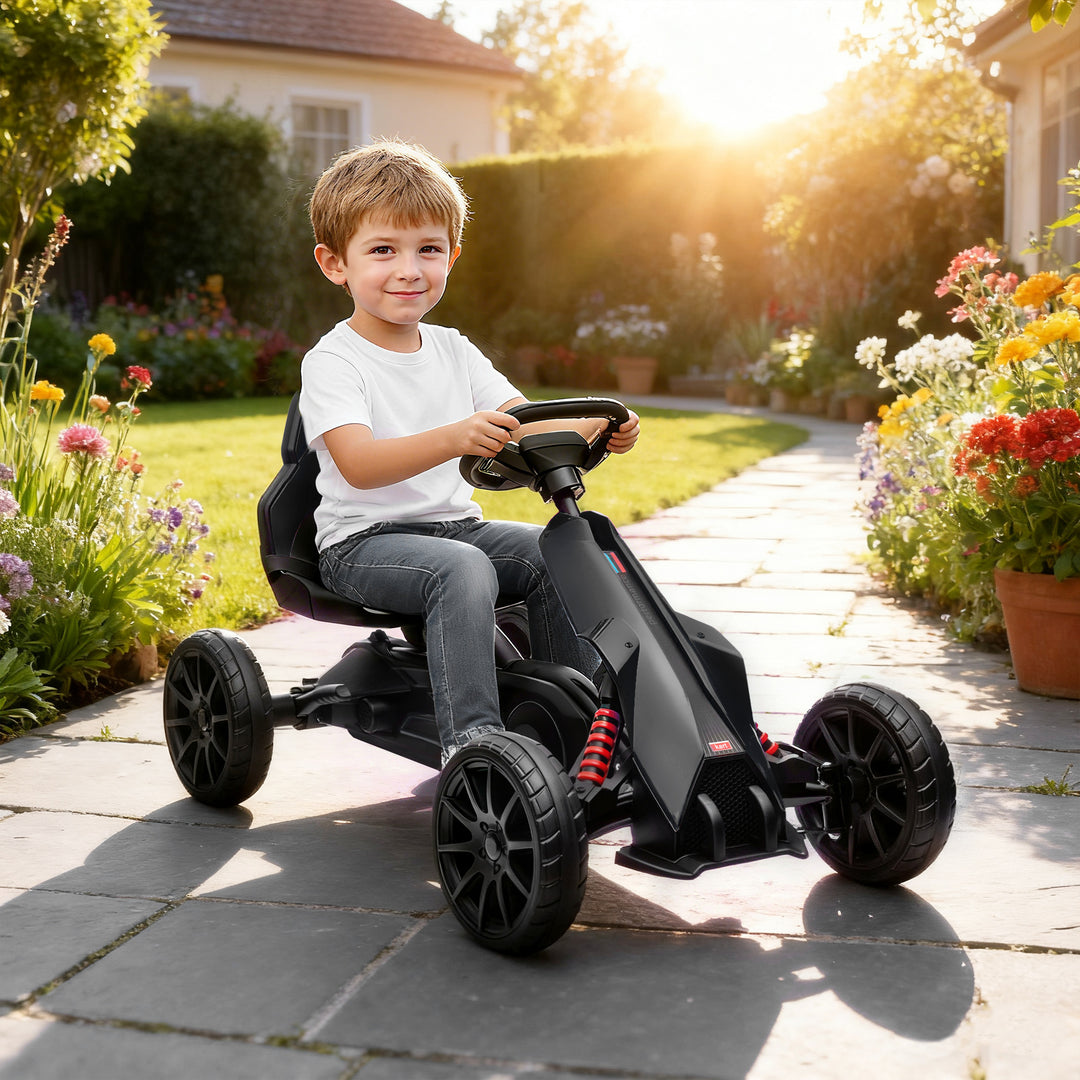 Gokart, børnekøretøj med justerbart sæde, pedalbil, pedalbil med håndbremse, 3-8 år, udendørs, sort
