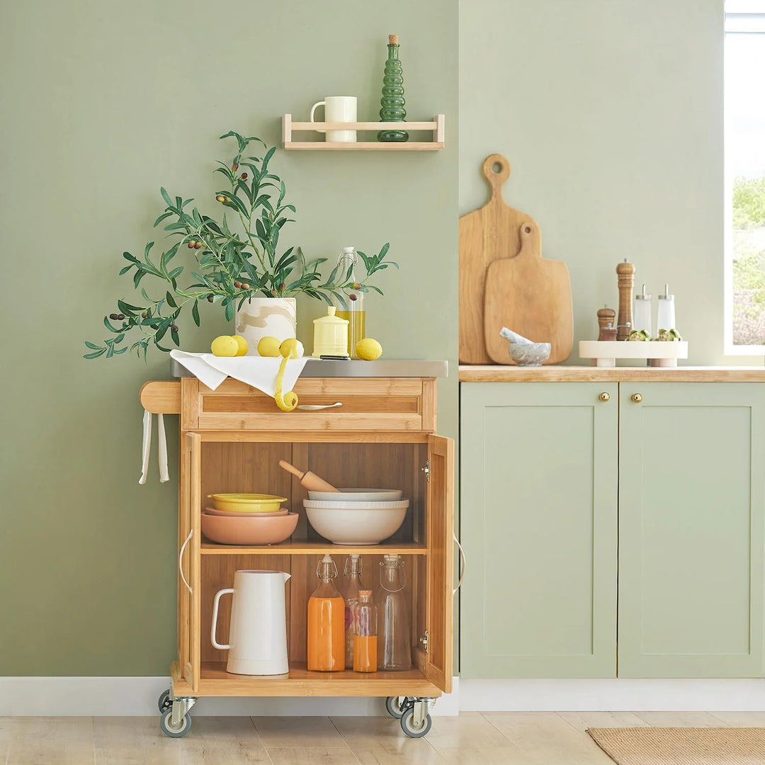 Fleksibel køkkenø på hjul – nem pladsudnyttelse og flytbarhed, L66cm x B46cm x H92cm, naturfarvet