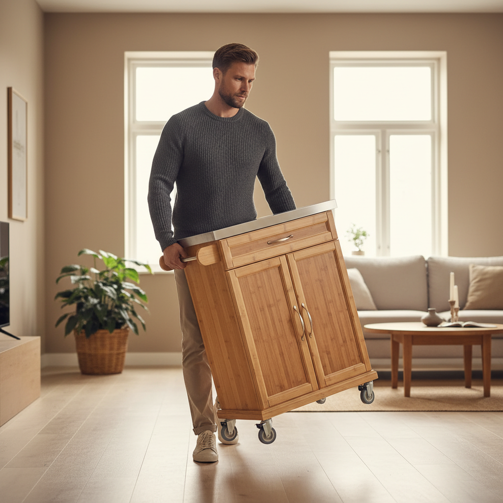 Køkkenø i bæredygtigt bambustræ og med stålbordplade, naturfarvet