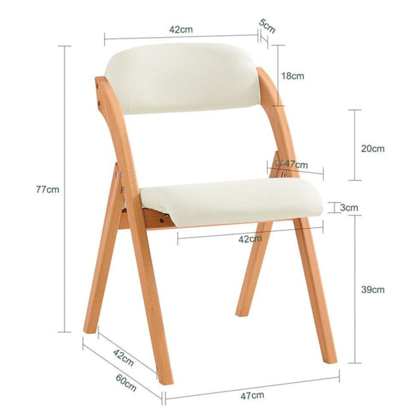 Foldestol / spisebordsstol i træ og stof, L47 cm B60 cm H77 cm