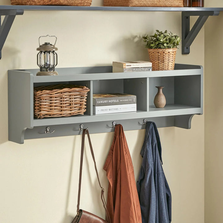 Væghængt knagerække med hylder, moderne entréhylde til jakker og opbevaring, B: 100 cm, D: 25 cm, H: 35 cm, grå