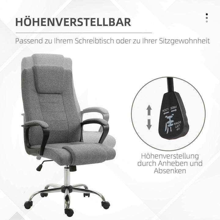 Kontorstol, computerstol med vippefunktion, nakkestøtte, ergonomisk skrivebordsstol, drejelig, højdejusterbar, grå linnedbetræk, 62 x 76 x 110-119 cm