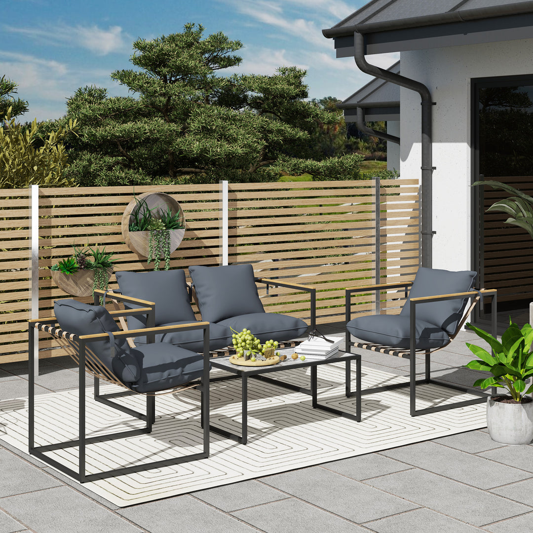 4-Delt havemøbelsæt, udendørsmøbelsæt, 2 lænestole, 2-personers sofa, 1 bord, polstret, stål, polyester, grå