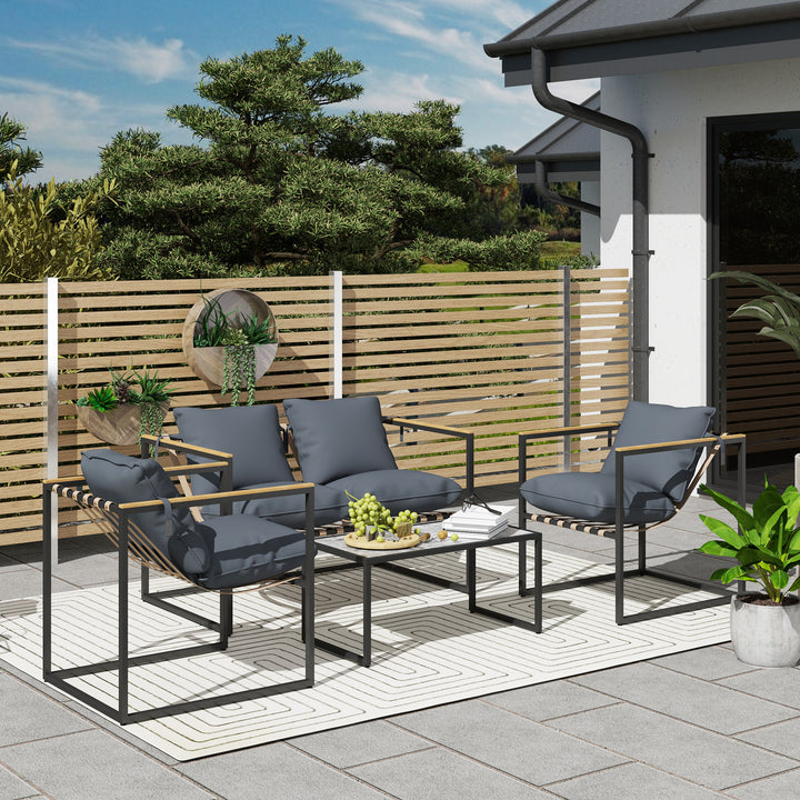 4-Delt havemøbelsæt, udendørsmøbelsæt, 2 lænestole, 2-personers sofa, 1 bord, polstret, stål, polyester, grå