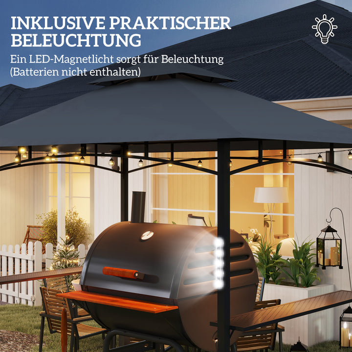 Grillpavillon, havegrilltelt med krydderirækker, LED-belysning, metal, plastik, 243L x 148B x 248H cm, grå