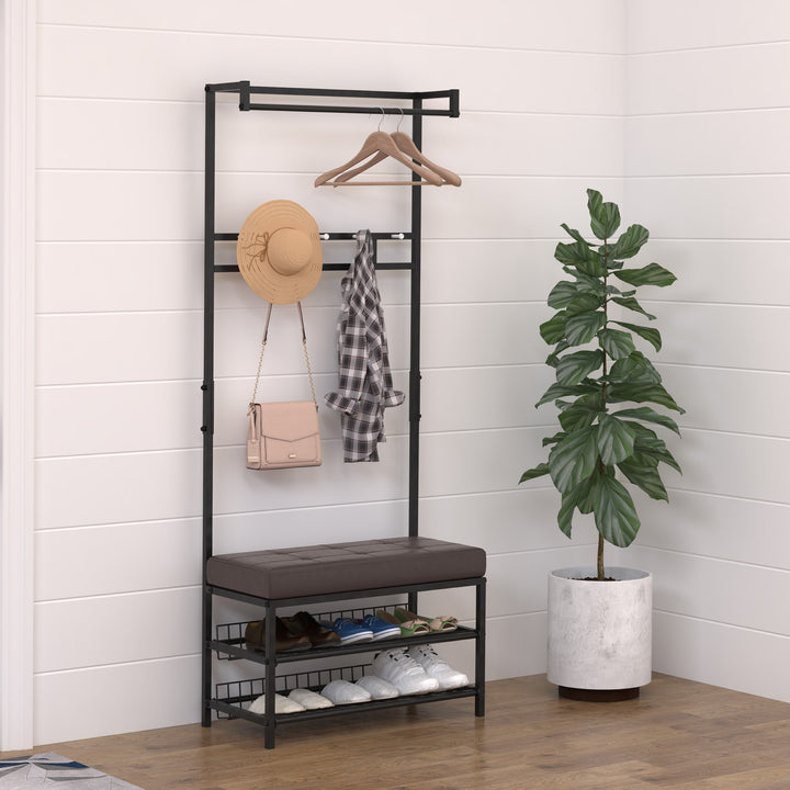 Knagerække med 5 kroge og 2-lags skobænk i metal til entré, soveværelse, 72,5 x 35 x 180 cm