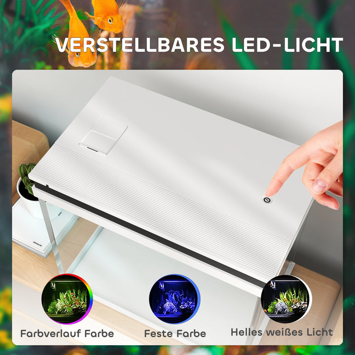 41-liters glasakvarium med filtersystem, LED-lys, vandpumpe, til forskellige fiskearter, hvid