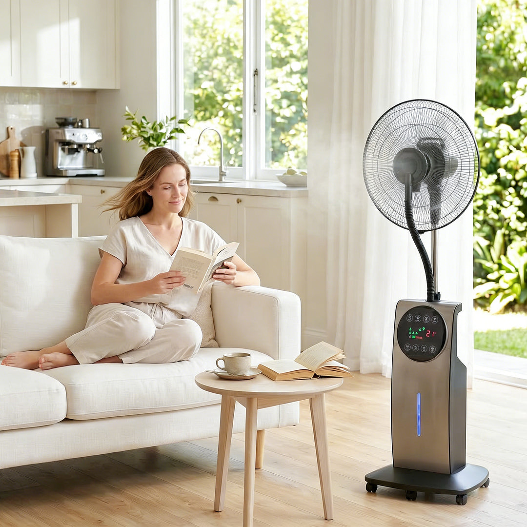 Dugblæser med fjernbetjening, piedestalblæser med vandtåge, 70° oscillation, 3 hastigheder, 3 tilstande, 3,1L vandtank