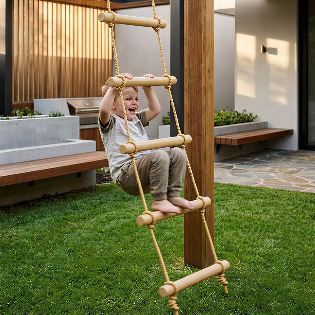 Rebstige til børn, 5-trins klatrestige med 2 karabinhager og 2 træstropper, til alderen 3-8, 40 x 3,5 x 180 cm, naturtræ