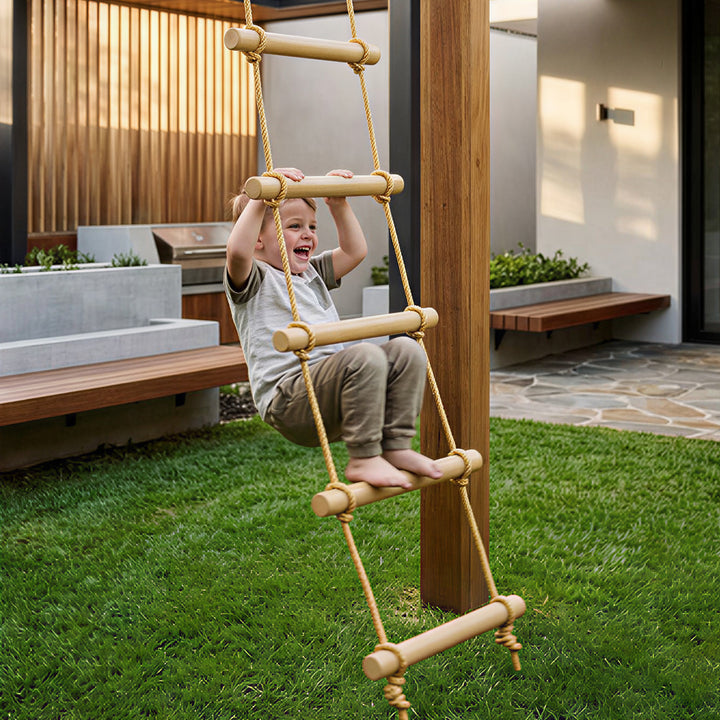 Rebstige til børn, 5-trins klatrestige med 2 karabinhager og 2 træstropper, til alderen 3-8, 40 x 3,5 x 180 cm, naturtræ