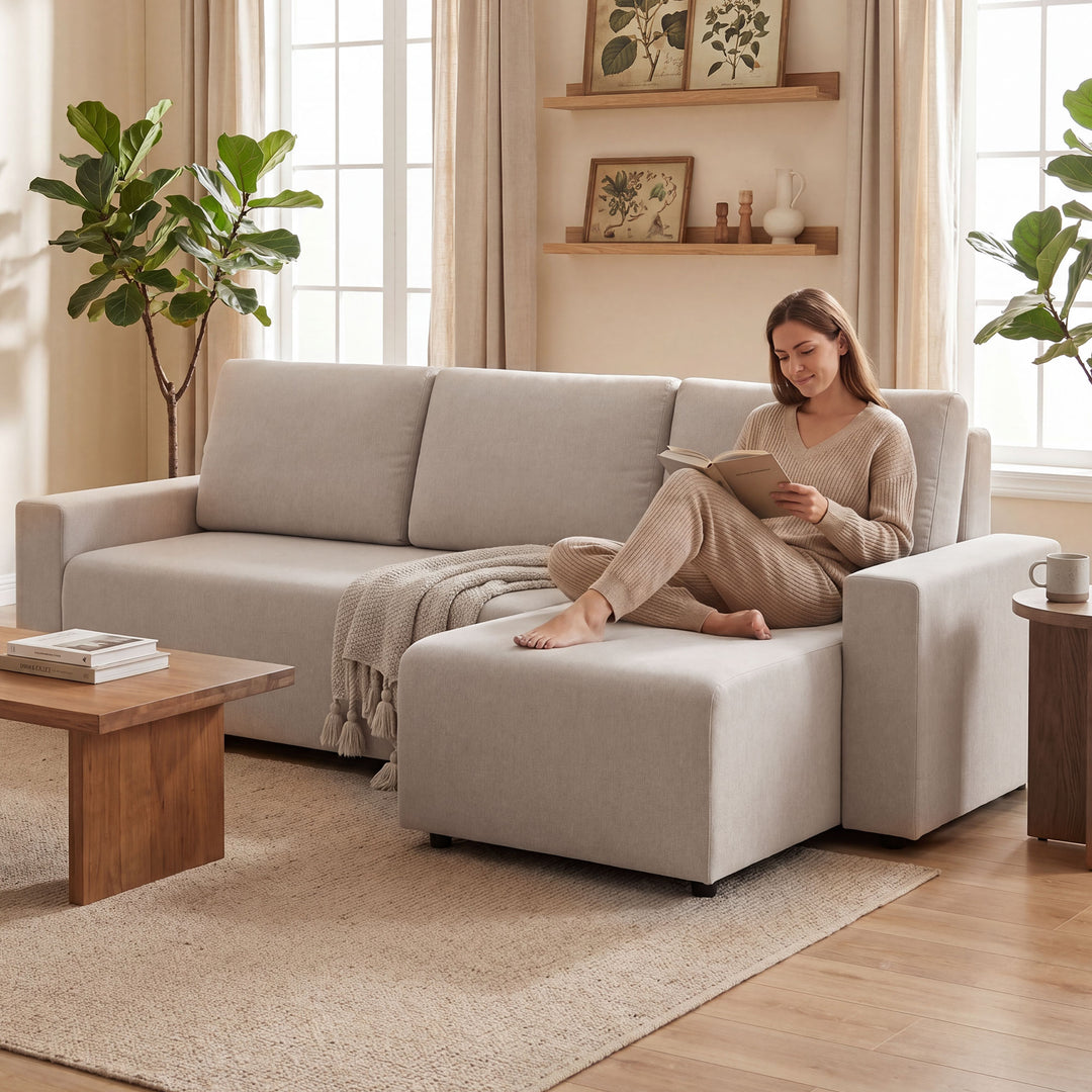 Hjørnesofa med sovefunktion og vendbar chaiselong, L-formet 3-personers sofa med velourbetræk, beige