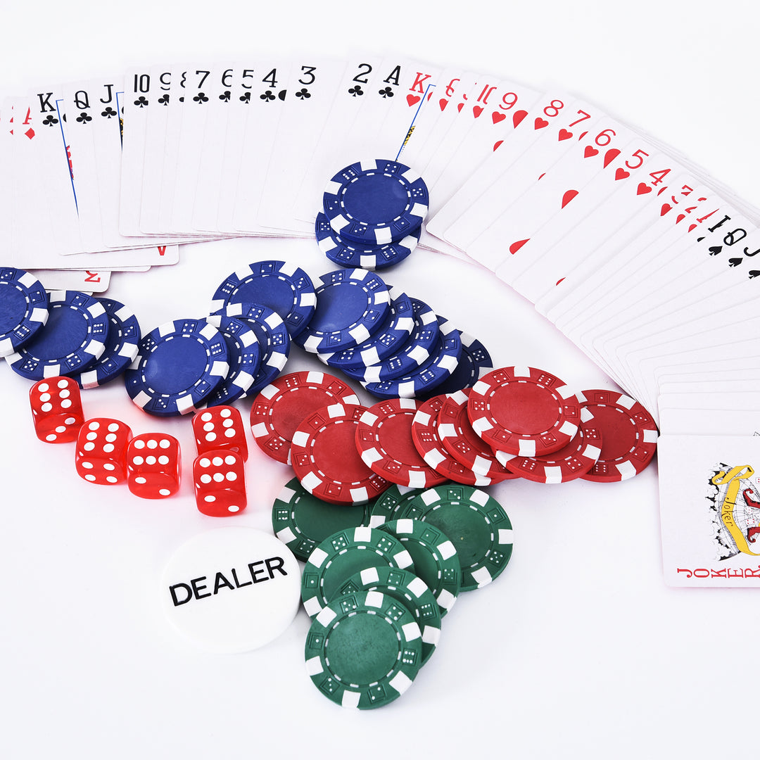 Pokerkasse låsbart pokersæt med etui 300 chips 5 terninger 2 kortspil tilbehør, pokerchips komplet sæt pokerspil kortspil aluminium etui til texas hold'em, blackjack