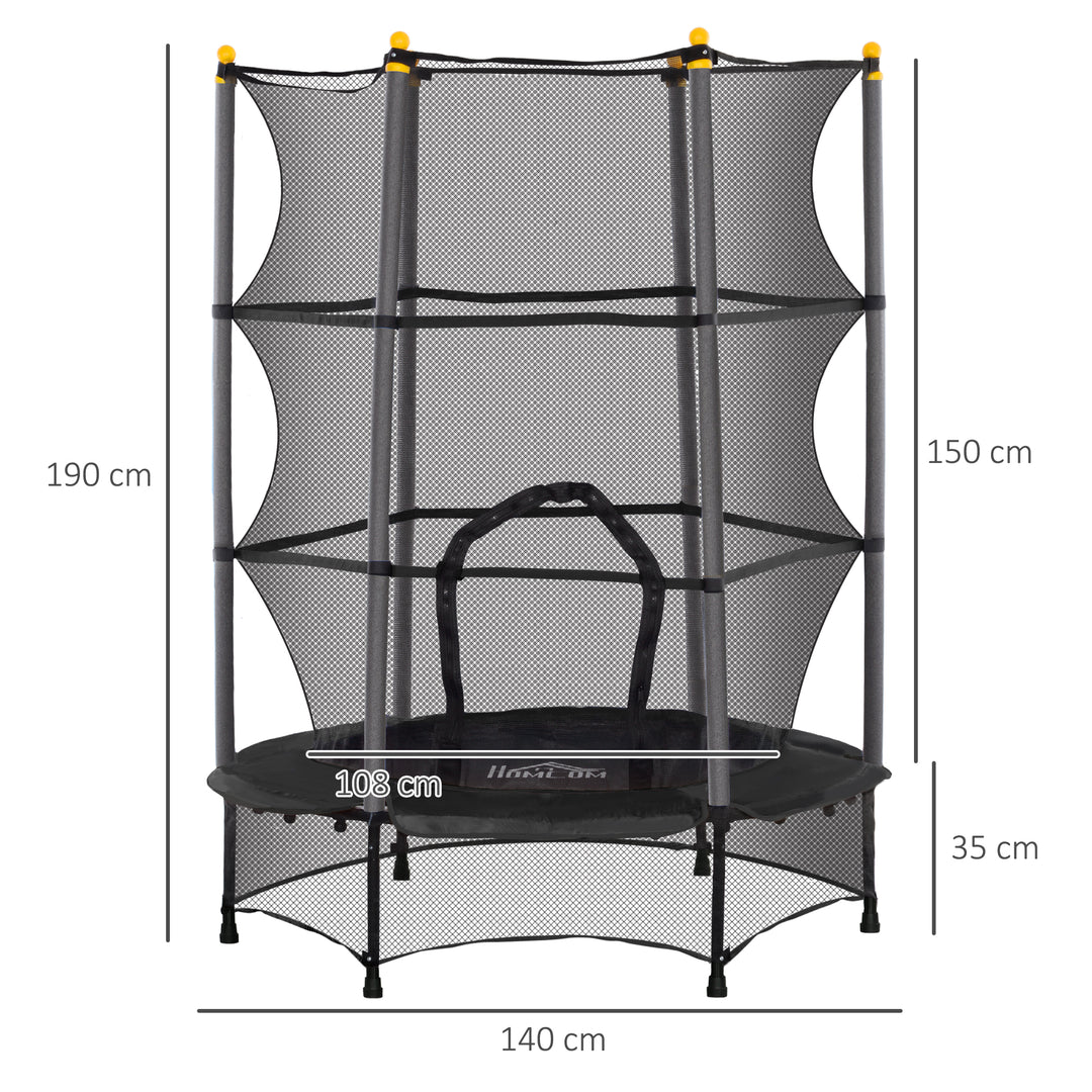 Børnetrampolin, 140 cm diameter, med sikkerhedsnet, til indendørs og udendørs brug, stål, plastik, lasteevne op til 50 kg, sort