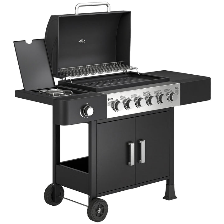 Gasgrill 17,8 kW 6+1 brænder BBQ grillvogn lavet af rustfrit stål inklusive hjul, sidebrænder, termometer, emaljeret grillrist