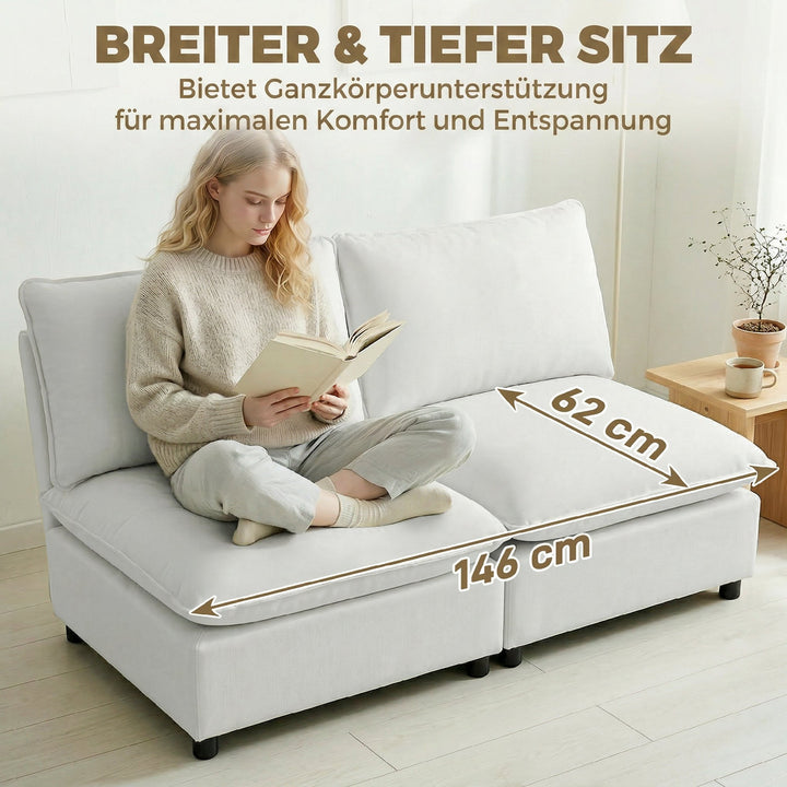 2-personers sofa, 146 cm modulær sofa i kunstlæder med bredt og dybt sæde, tykke hynder, nem montering, grå