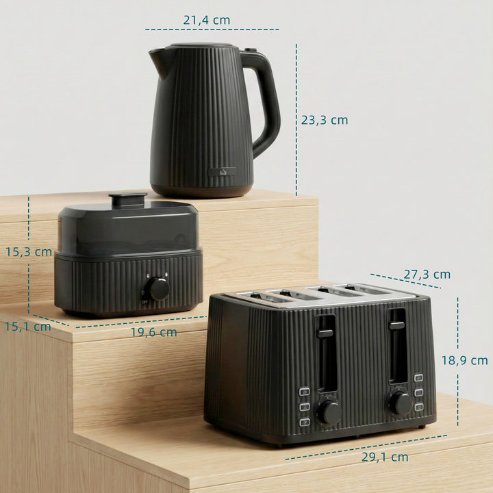 1,7L hurtigkogendekedel og 4-skivers brødristersæt, æggekoger til 6 æg med indikatorlampe, sort