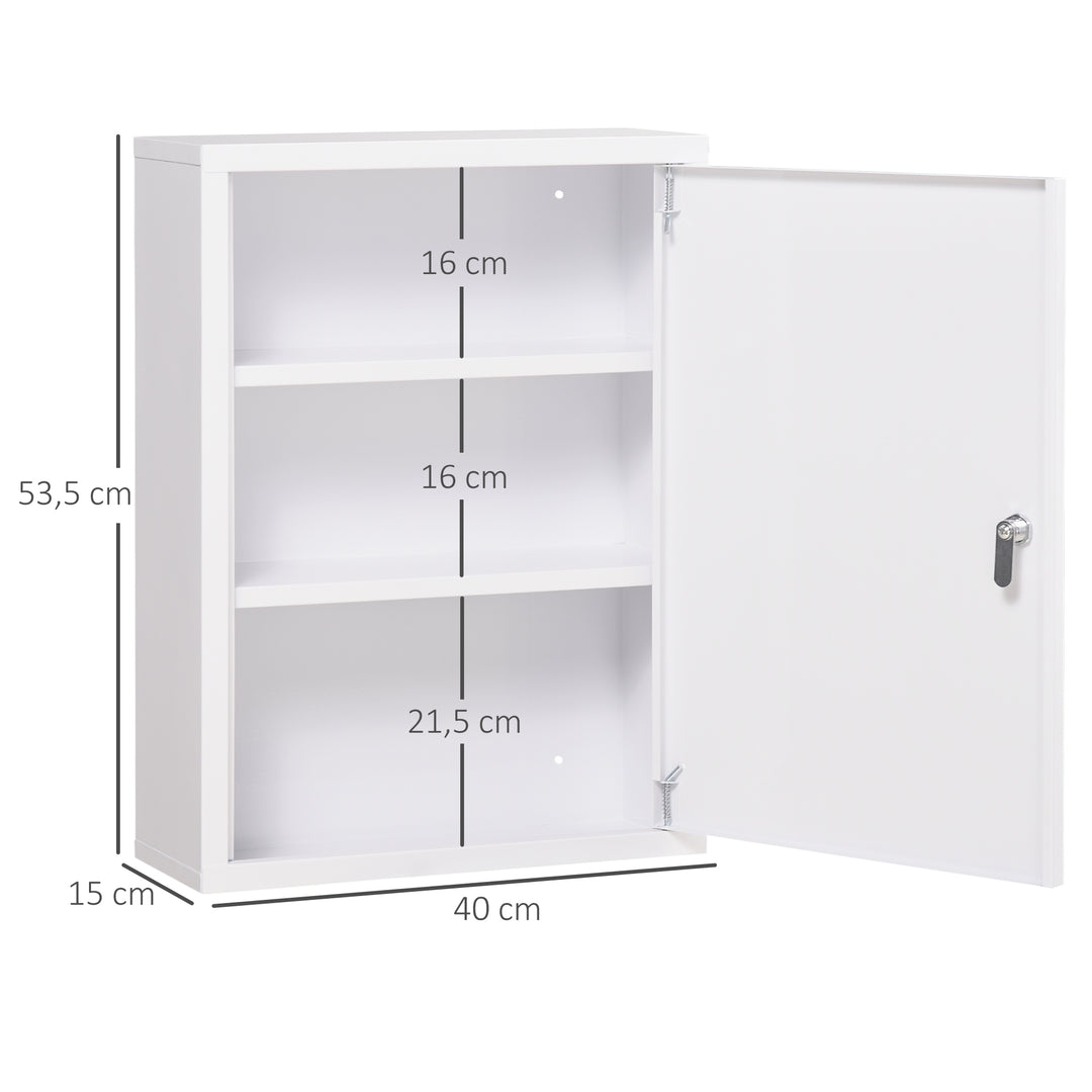 Medicinskab, 3 rum, aflåselig dør, robust stålkabinet, hvid, 40 x 15 x 53,5 cm