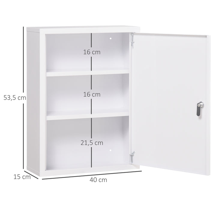 Medicinskab, 3 rum, aflåselig dør, robust stålkabinet, hvid, 40 x 15 x 53,5 cm