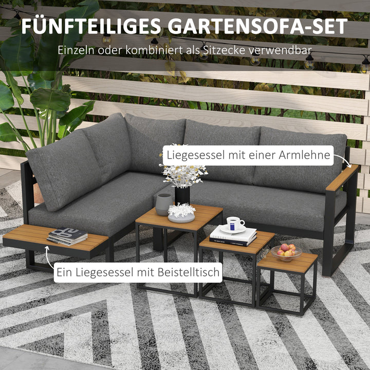 Udendørs siddegruppe, 5-delt loungemøbelsæt, havemøbelsæt, 148 cm x 61 cm x 71,5 cm, grå + natur