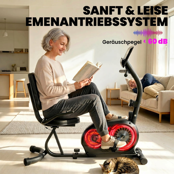 Liggecykel til hjemmebrug med 8 justerbare modstandsniveauer, magnetbremse, app, pulssensor, LCD-display og fodstropper.