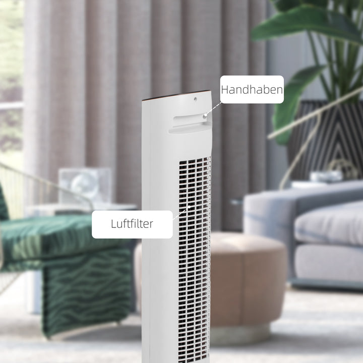 85° oscillerende tårnventilator med fjernbetjening, 3 hastigheder, 2 tilstande, timer, LED-display, 30x30x78 cm, hvid