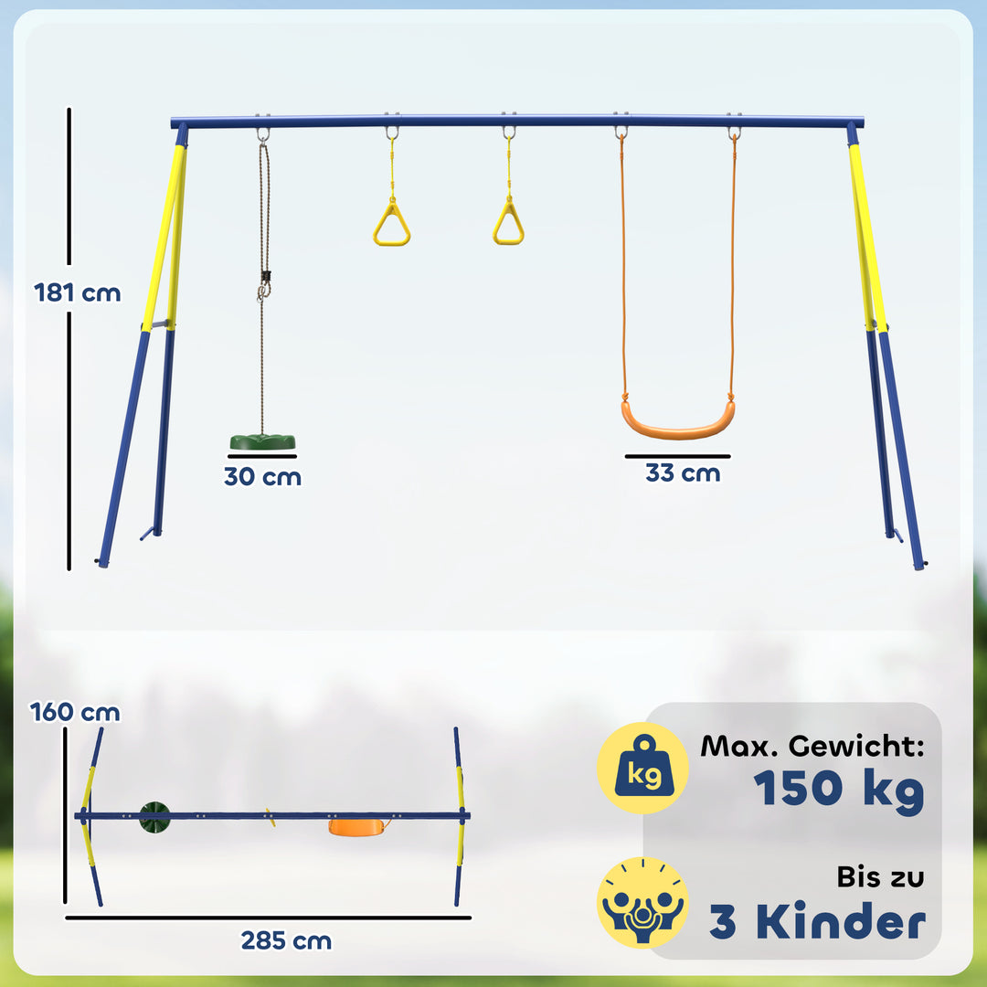 Gyngesæt op til 150 kg, 3-i-1 børnegyngesæt med klassisk gynge, gymnastikringe, stågynge, 285x160x181 cm