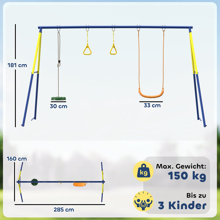 Gyngesæt op til 150 kg, 3-i-1 børnegyngesæt med klassisk gynge, gymnastikringe, stågynge, 285x160x181 cm