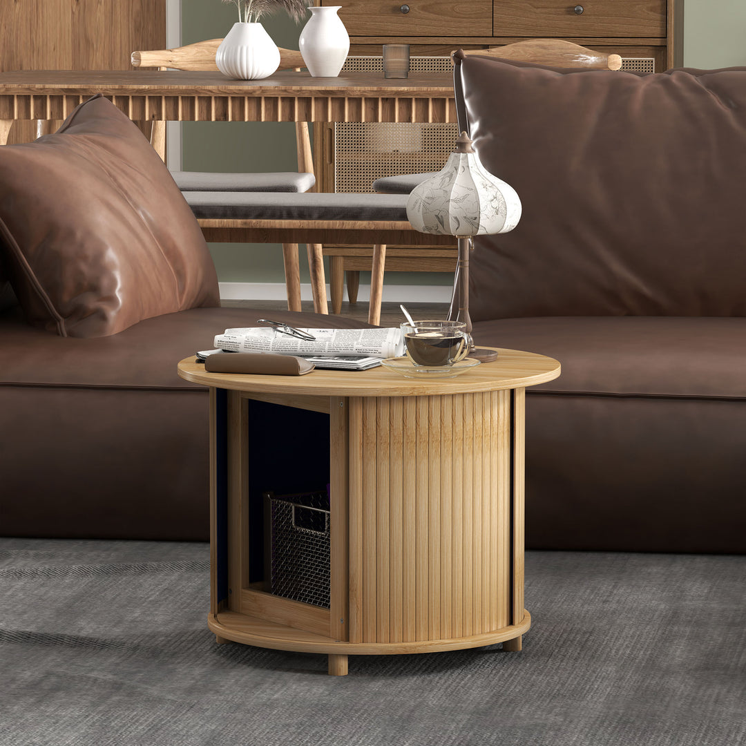 Sidebord, rundt, med opbevaringsplads, skydedør, bambus, Ø60 x 45 cm, lasteevne op til 20 kg